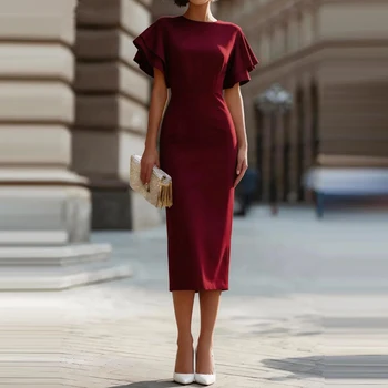 New Slim Fit Elegant Dresses Simple Solid Color O-neck Short Sleeved Office Dress Summer Street High Waisted Women's Long Dress 1