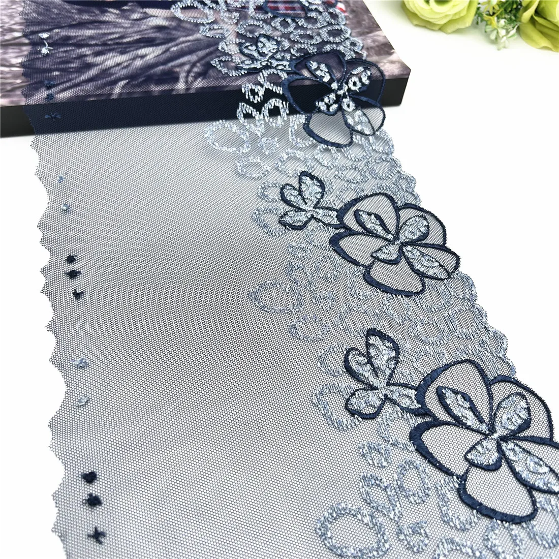 3y/lot Width 19cm Dark Blue Silver Shiny Embroidery Lace Trim For Skirt Hem Clothes Sewing Material DIY Apparel Dress Fabric 4