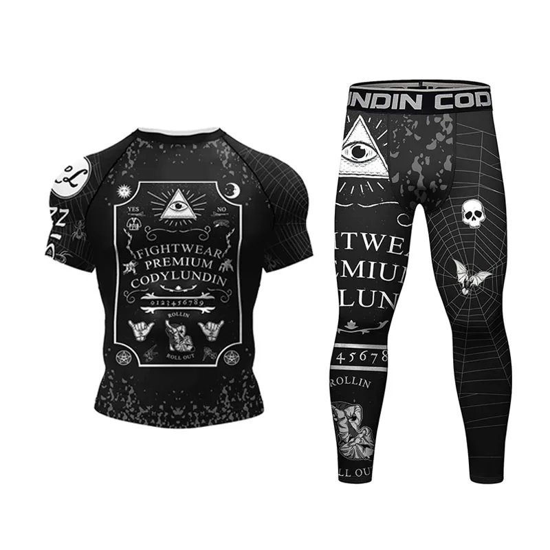Sports apparel Mens t shirt Skull Jiu Jitsu Rashguard For Men MMA T-shirt + Shorts Pant Set Brazilian Grappling Bjj Boxing Rash Guard Gym Boxeo Sport Jerseys