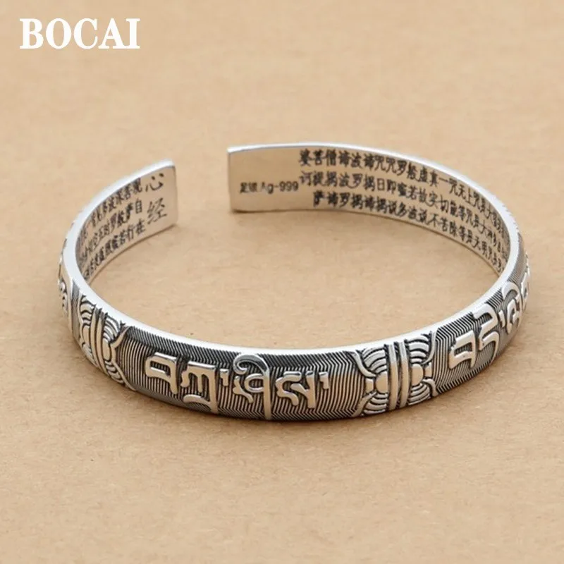 

BOCAI Real S999 Silver Jewelry Retro Simple Frosted Buddhist Six-Character Mantra Heart Sutra Opening Women's Bracelet