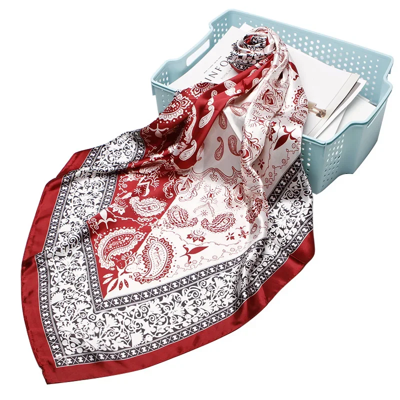 Fahsion Paisley Print Hijab Scarf Women Faux Silk Satin Head Kerchief 90*90cm Square Shawl Wraps Scarves For Ladies Red fashion scarves for women faux silk scarf paisley print square kerchief ladies luxury bandana hijab shawl wraps girl 90 90cm