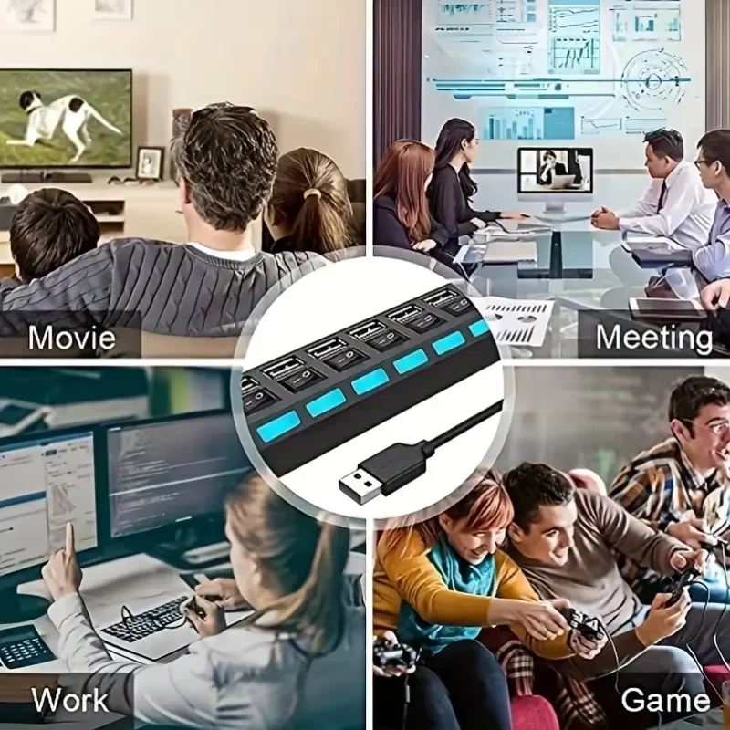 7포트 USB 2.0 허브 어댑터 (LED 표시등 포함, 개별 켜기/끄기 스위치, 고속 USB 분배기, USB-C 장치 OTG 연결)