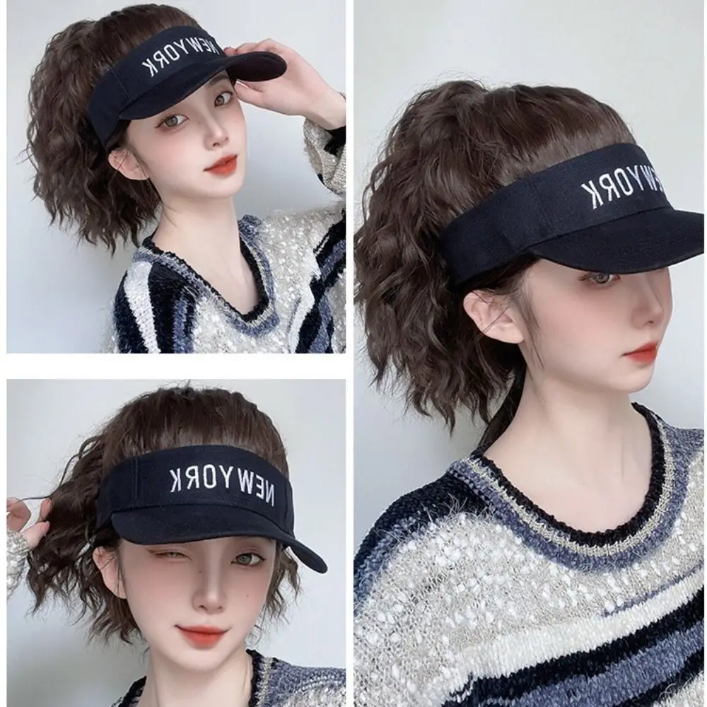 

UV Protection Fake Hair Hat Fashion Short Wavy Ponytail Outdoor Sunscreen Hats Breathable Empty Top Hat