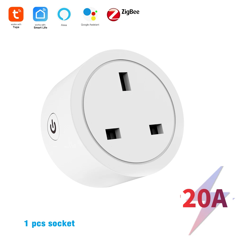 Tomada Inteligente Tuya UK, Socket WiFi Zigbee Compatível com Alexa e Google Home, Monitoramento de Energia 16A 20A, Sem Necessidade de Hub para WiFi