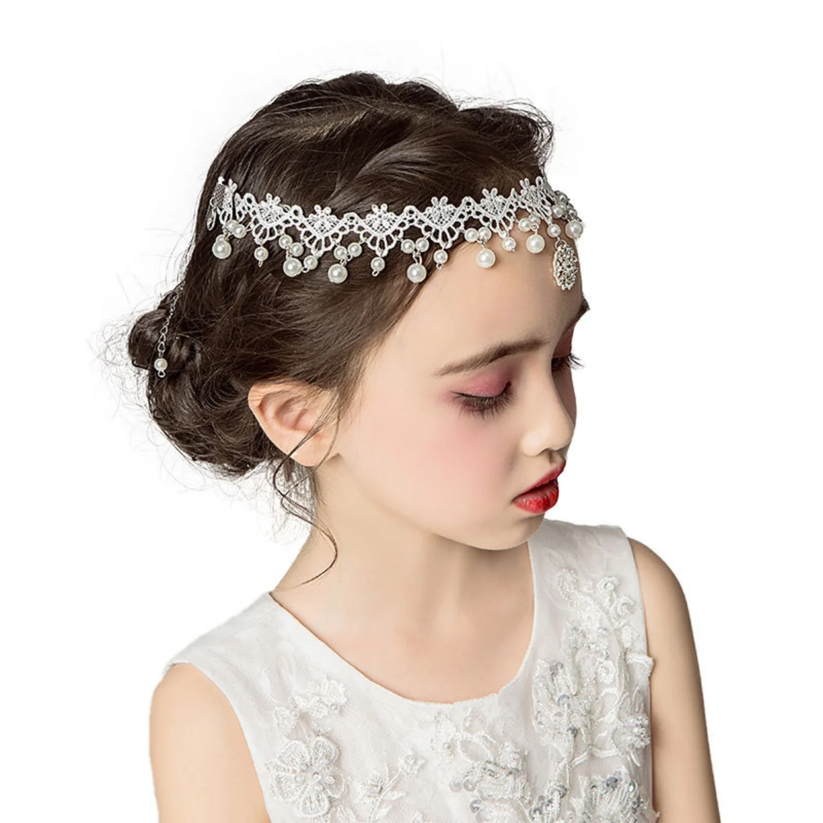 1PC Kids' Lace Pearl Headband, Elegant Rhinestone - Decor Tiara, Perfect for Girls' Party & Wedding Looks