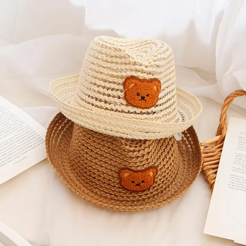 Fashion Baby Bear Cartoon Straw Woven Hat Sun Protection Lace Cap Kids Boys Girls Princess Collapsible Beach Cute Bucket Hat kids girls large wide brim straw woven sun protection beach hat colorful pompom ball summer floppy bucket cap baby accessories
