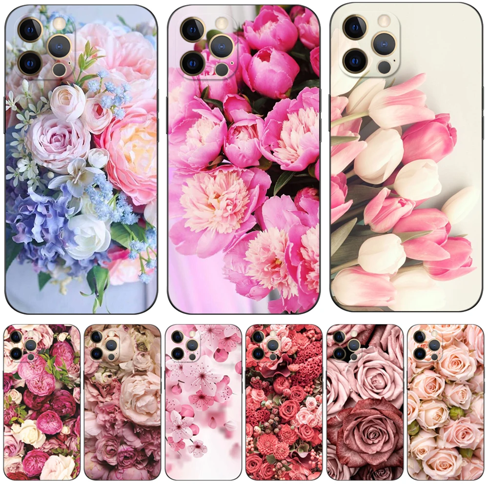 Per Iphone 12 Custodia Per Iphone 12 Mini 12 Pro Max Cover Per Apple Iphone12 12Pro Bumper Custodia In Tpu Nero Flower Rose Peony