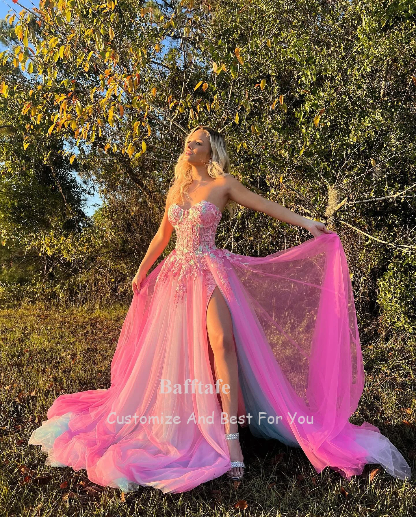 Bafftafe Fairy Pink Mint Blue Prom Party Dresses Applique Women Evening Dress Slit Formal Wedding Engagement Gowns women prom dresses