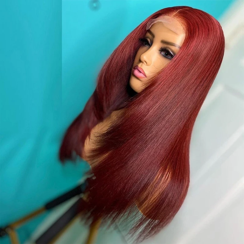 

Preplucked Soft 180%Density 26Inch Burgundy 99j Straight Long Natural Hairline Glueless Lace Front Wig For Women Babyhair