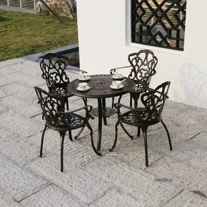 Leisure Metal Round Patio Table Outdoor Cast Aluminum Tables and Chairs Set Courtyard Garden Urniture Terrace Combination