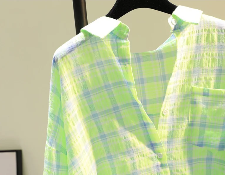 Single pocket cotton linen plaid shirt for women's summer new sunscreen shirt Korean version loose casual top orange