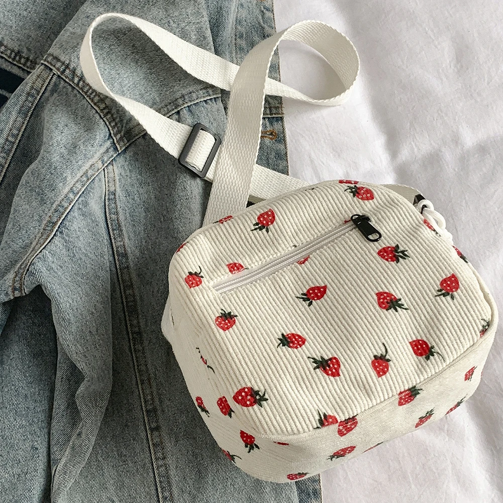 Cute Strawberry Trendy Crossbody Bag Corduroy Messenger Bag Casual Zipper Tote Handbag for Women Travel Work
