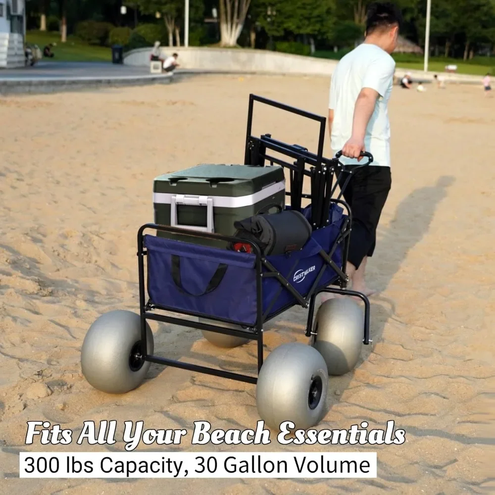 Beach Wagon with 13'' Balloon Wheels, Heavy Duty All-Terrain Collapsible Cart with Big Wheels for Sand, Pump Included, Patented