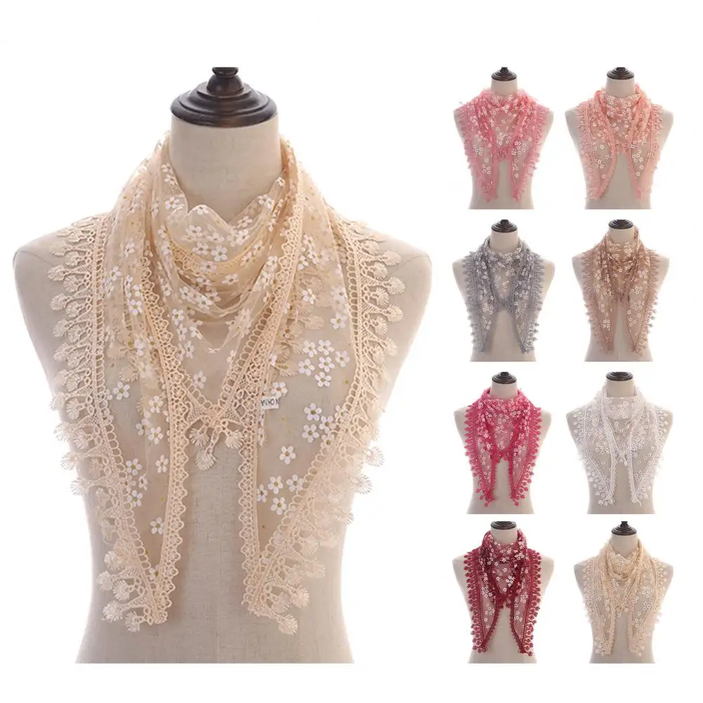 

Women Solid Color Scarf Elegant Floral Embroidered Lace Triangle Scarf Lightweight Soft Shoulder Decoration Women's Tassel