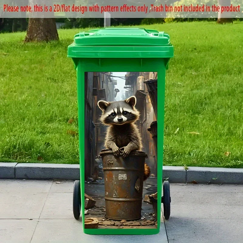 2D Flat Printing1pc Trash Can Sticker 37×82cm Cute RaccoonTheme Wallpaper Self-Adhesive Suitable for Garbage Bins, Walls,Home
