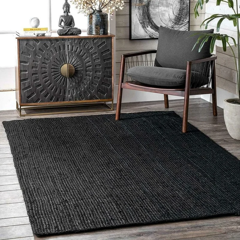 Carpet Natural Jute Woven Black Double-sided Rug Hemp Rug Modern Living Small Rug Bedroom Decoration