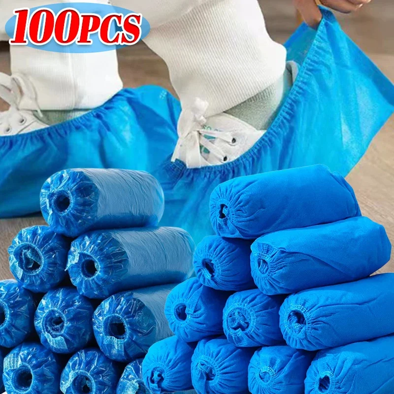 100PCS Portable Disposable Plastic Fabric Non-slip Wear Shoe Covers Waterproof Boot Covers Overshoes Rain Mud-proof Shoe Covers