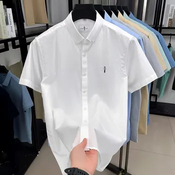 High end fashion 100% cotton short sleeve shirt summer new trend cartoon character embroidery lapel top Korean casual men's wear