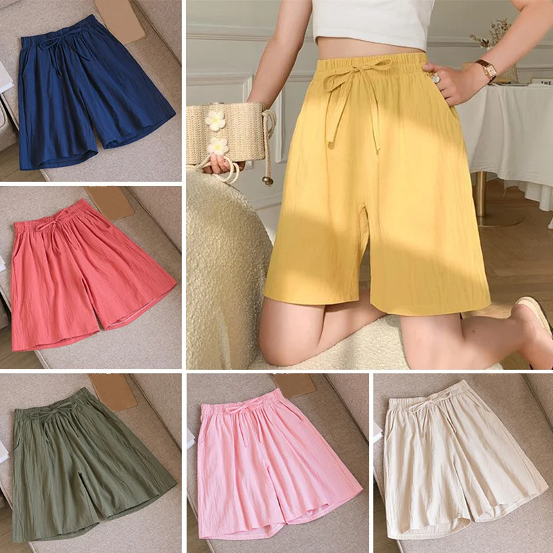 

Summer Women's Shorts Casual Loose Wide Leg Long Shorts Pockets Cotton and Linen Knee-length Oversize Shorts for Women
