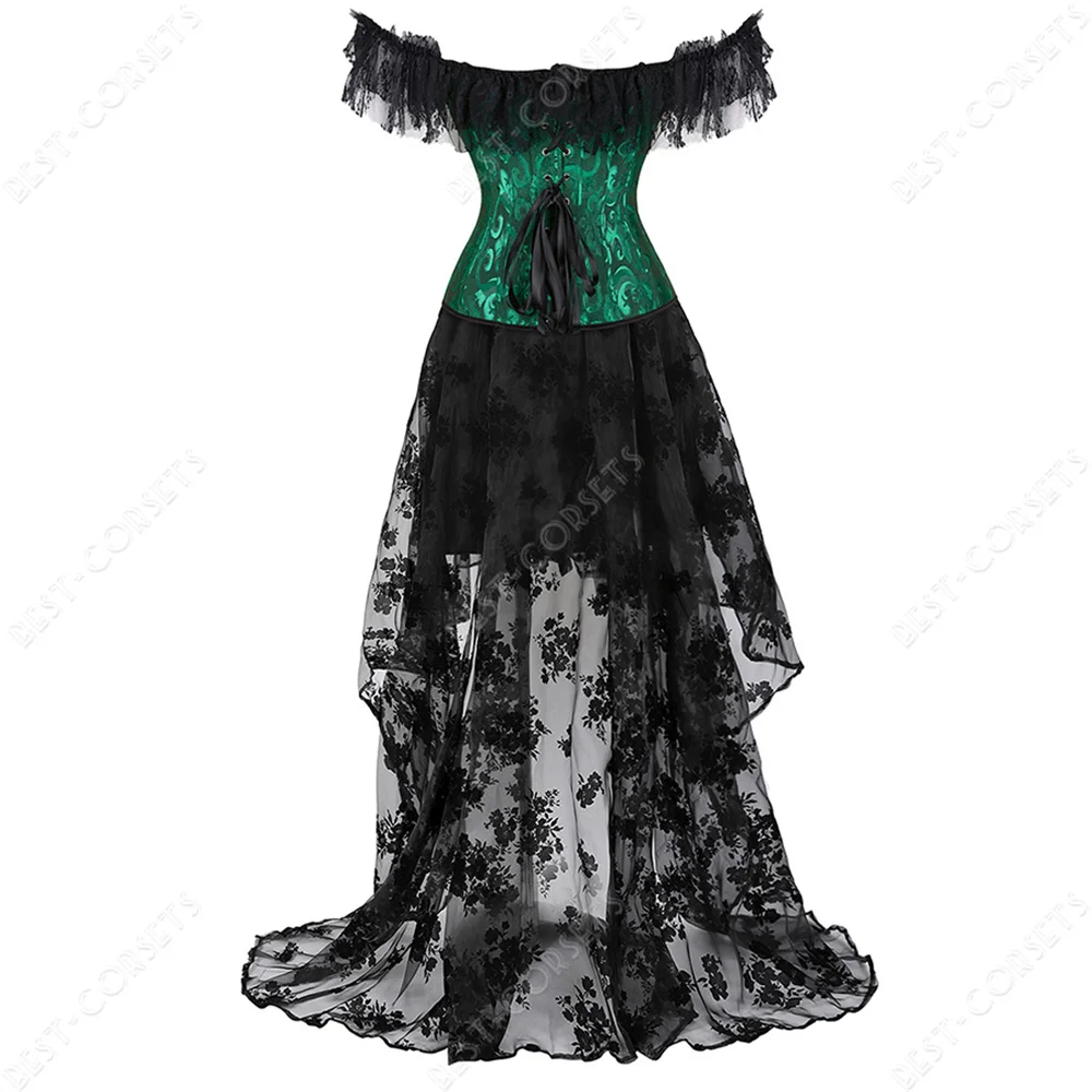 Victorian Corset Dress Costume Women Sexy Lace-Up Corset With Sleeves Floral Steampunk Corset Bustier Dress Plus Size