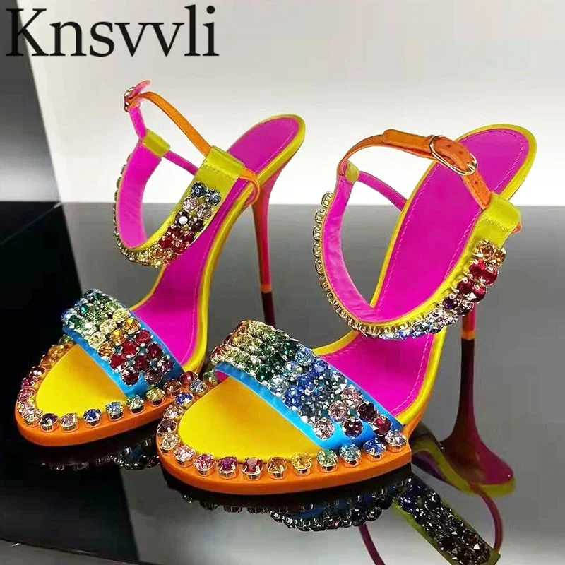 

Rainbow Color Thin Heels Sandals Women Bling Rhinestone Front & Rear Strap Pumps Women Round Toe Buckle Strap High Heel Sandals
