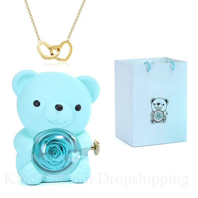 2024 New Eternal Flower Rotating Rose Bear Jewelry Box Custom Name Jewelry Necklace Birthday Gift for Family and Friends 1