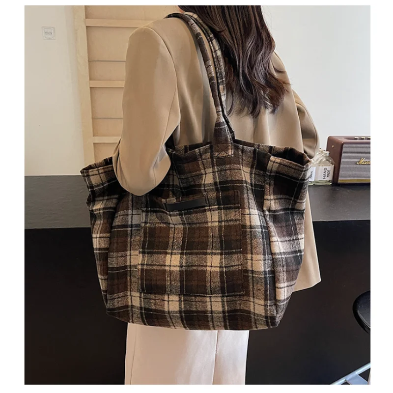 Woolen Plaid Big Bag Women's 2025 New Korean Version Tote Bag College Style Casual Large-capacity Shoulder Bag