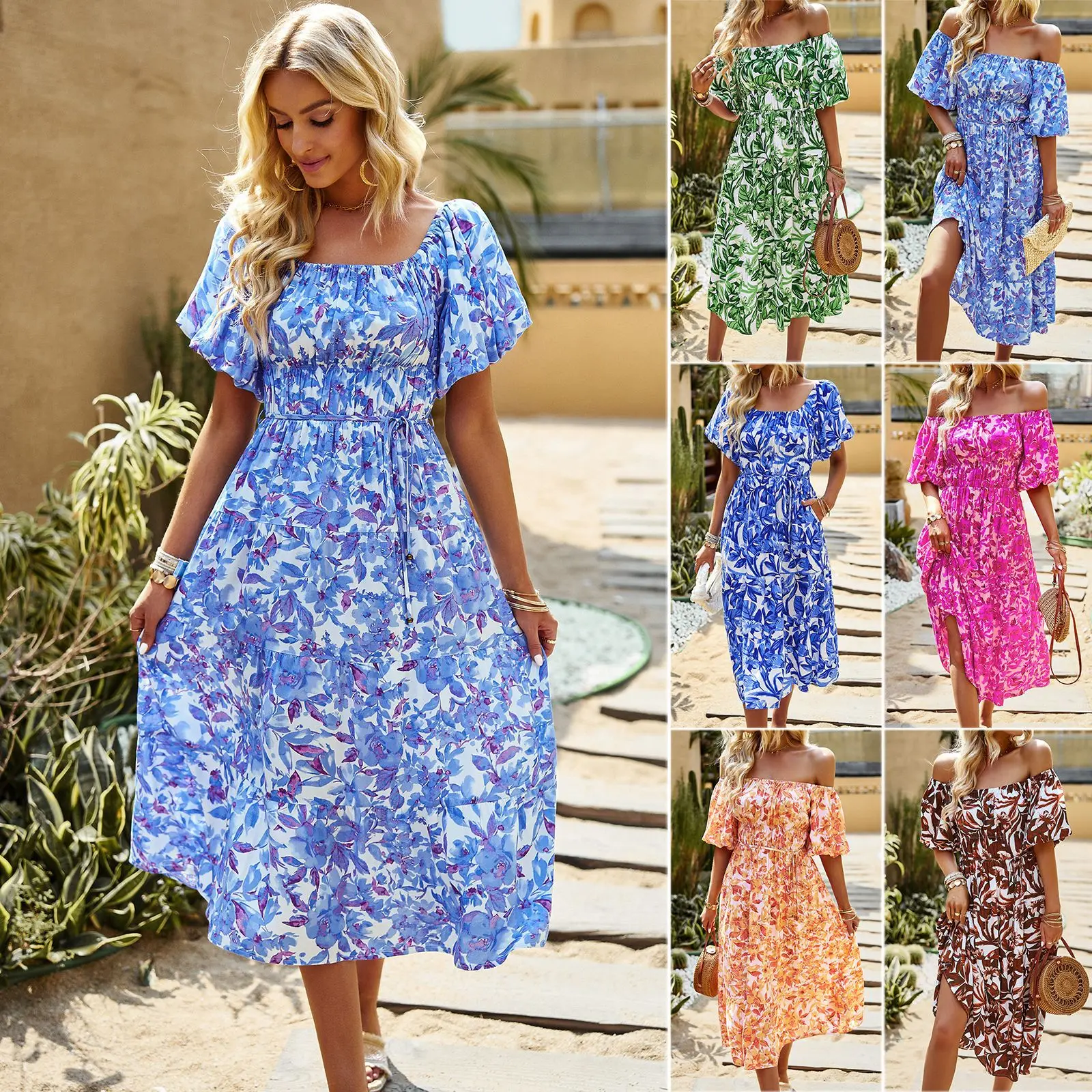 

Women's Short Sleeve Boho Printed Floral Long Dress, Bubble Square Neck, Summer