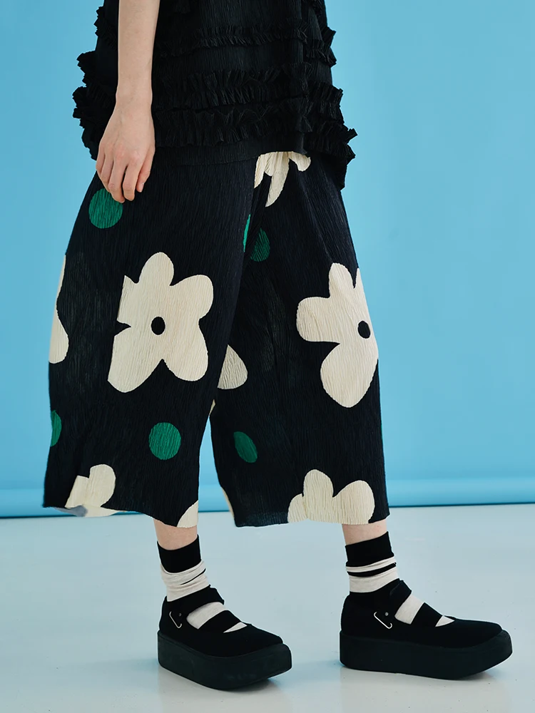 imakokoni original 2022 spring/summer summer cool crumpled velvet print 7-point pants wide leg harajuku pants for women 223691