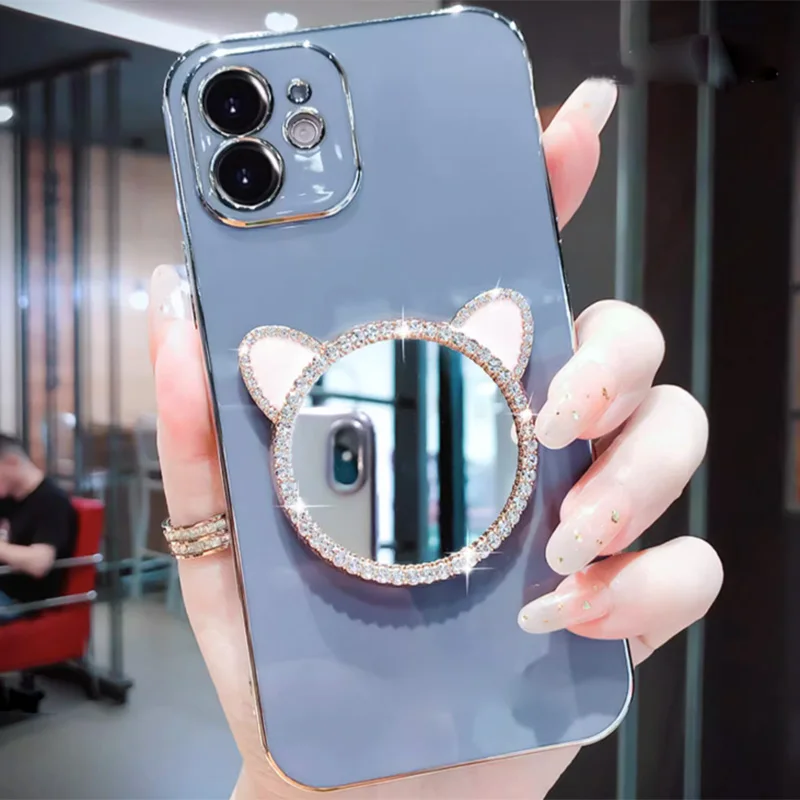 Plating Case For Samsung A34 A54 A53 A32 A33 A13 4G 5G A12 A73 A25 A31 A21S A14 Diamond Cute Cat Ears Make-up Mirror_voghion.com