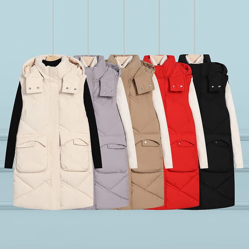 

Women Cotton Vest Autumn Winter Waistcoat Hooded Warm Long Vest Solid Coat Zipper Sleeveless Down Cotton Jacket Female Vest