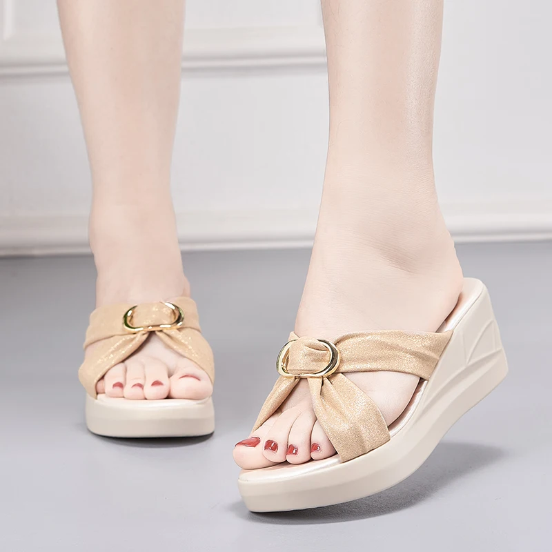 Slippers Women Summer New  2024 Wear Slope Heel  Outside Thick Bottom Fashion Leather Middle Heel Anti Slip Women'sMom Slippers