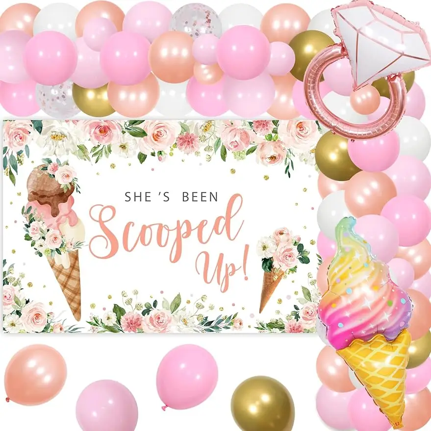 

IceCream Bridal Shower Decor She's Been Scooped Up Bridal Shower Decor Floral Backdrop Balloons Arch Diamond Ring for Girl Women