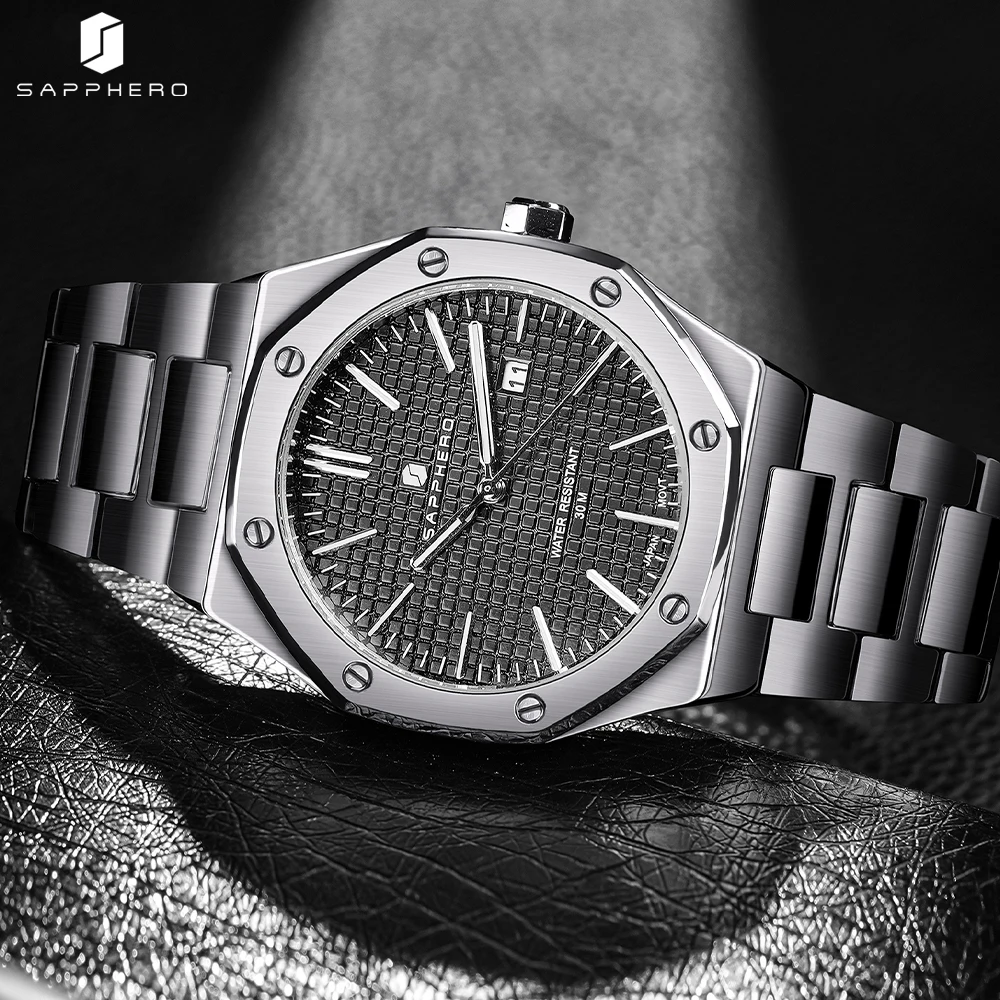 SAPPHERO Luxury Mens Stainless Steel Watch Octagon Design Quartz Business Wristwatch for Men Date Luminous 30M Waterproof Clock