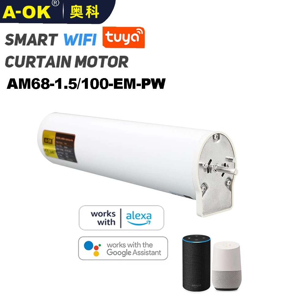 A-Ok Am68 Tuya Wifi Silent Curtain Motor, Tuya App/Rf433 Control/485/Dry Contact Control,100-240V, Controllo Vocale Alexa/Google