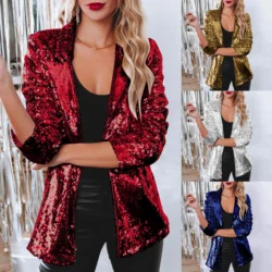 Women Sequins Sequin Jacket Casual Long Sleeve Glitter Party Shiny Lapel Coat Vintage Lapel Sequins Jackets Club Party Wear