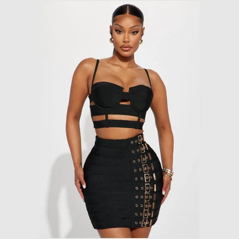 

New Design Women Bandage Two Piece Set Sexy Hollow Out Camis Top Metal Button Mini Skirts Black Nightclub Party Matching Suits