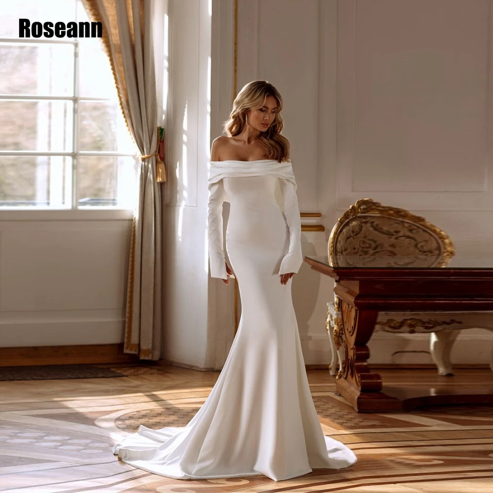 

Ivory Satin Wedding Dresses Simple Boat Neck Long Sleeves Bridal Gowns High Slit Zipper Back Court Train Mermaid robe de mariée