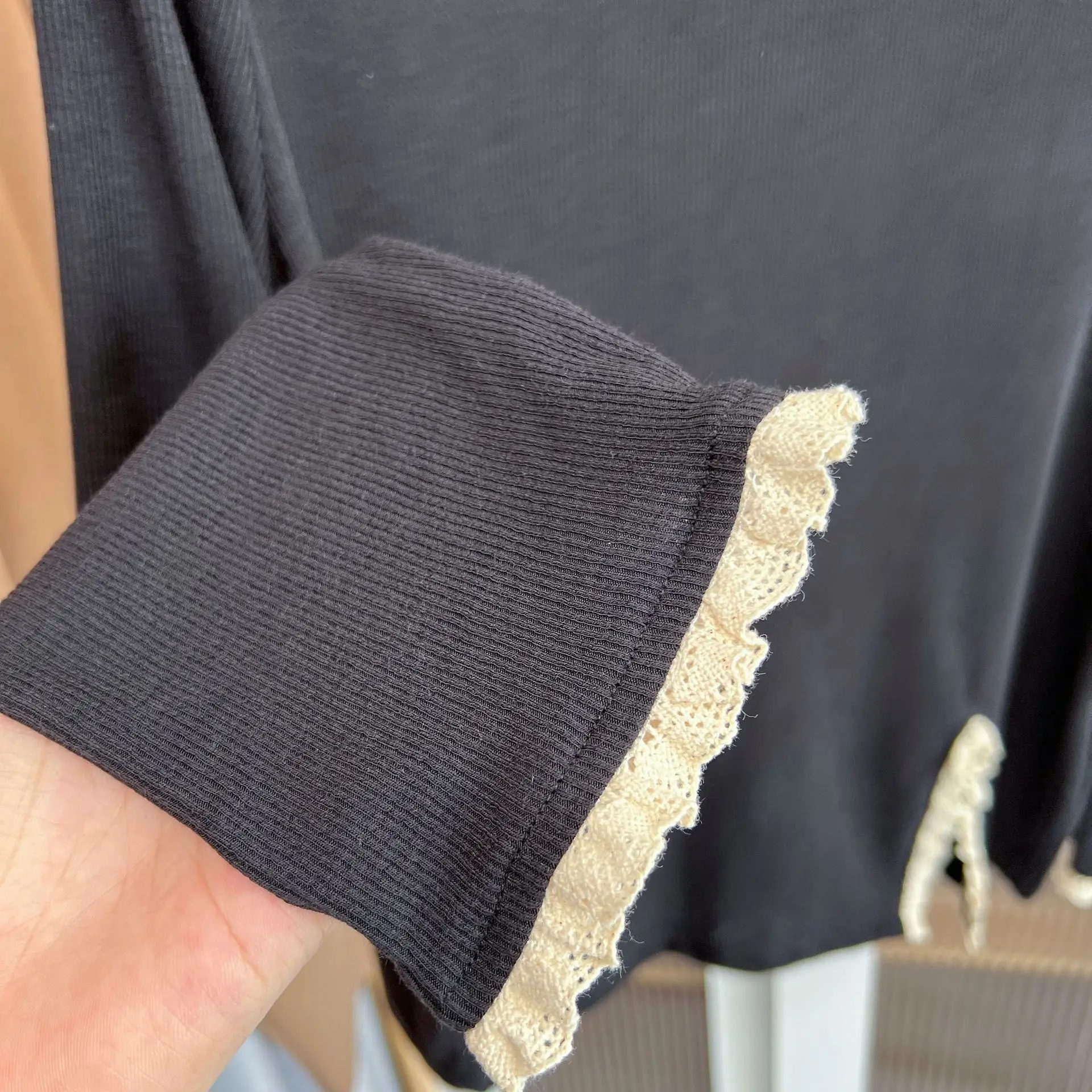 2025 Spring Plus Size Women's Top Fashion Lace Long Sleeve Slit T-shirt 100kg Base Tees 308