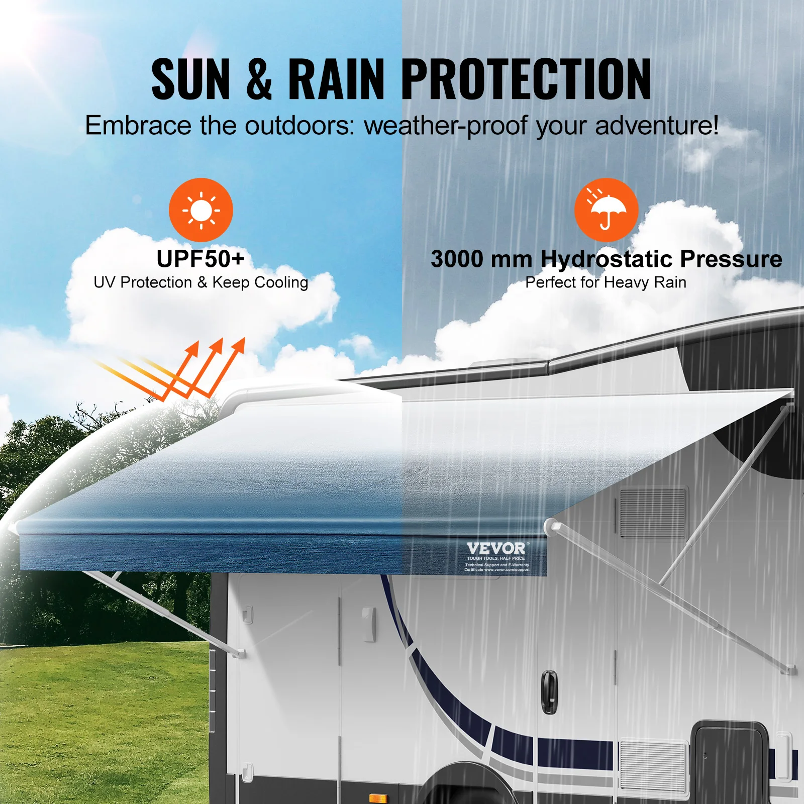VEVOR RV Awning Fabric Replacement 20'2" Fabric Length for 21' Awning Heavy Duty 3-Ply 16oz PVC Camper Waterproof