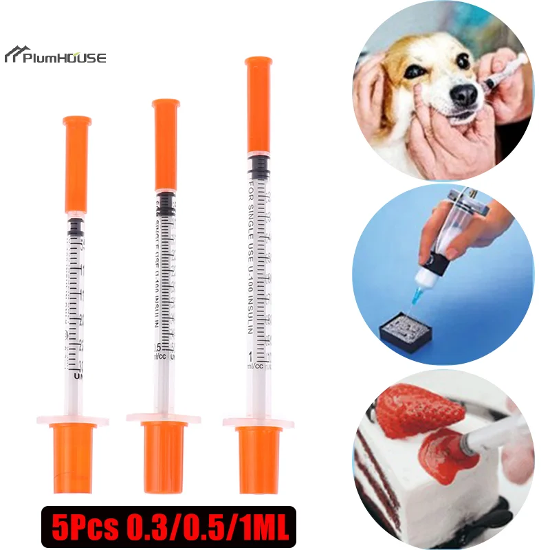1/0.5/0.3ML Disposable Plastic Veterinary Syringe Orange Cap Sterile Insulin Syringe w/ Needles 5Pcs For Pet Farm Animal Cat Dog disposable plastic syringe,veterinary needle