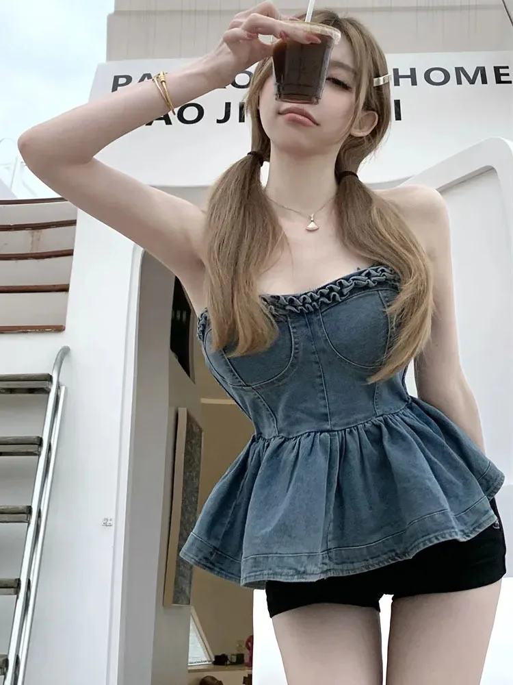 

Denim Strapless Vest For Women's Summer Sleeveless Spicy Girl Top Trend Bodysuit Y2k Top Women Woman Clothing Tanks & Camis