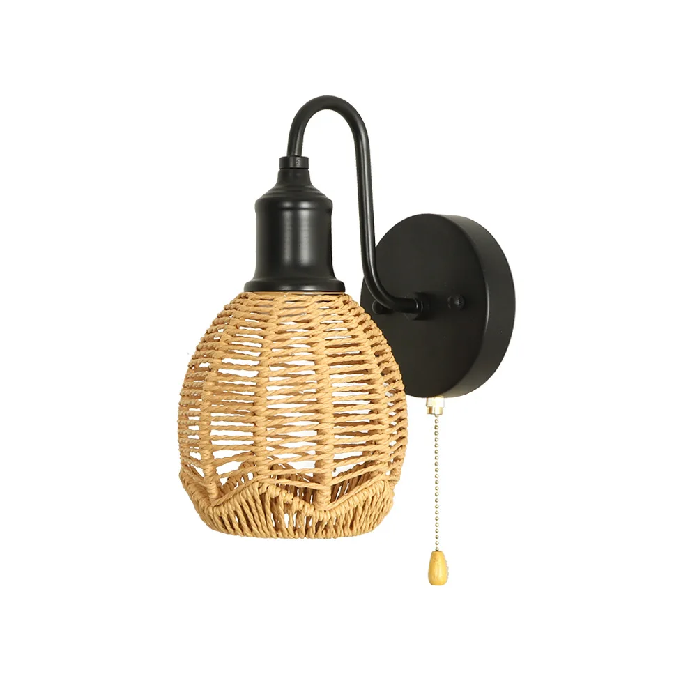 

Bedroom Bedside Aisle Background Wall Lamp Rattan Pastoral Style Zipper Modern Woven Cage Lamp Pull Cord Wall Lamp