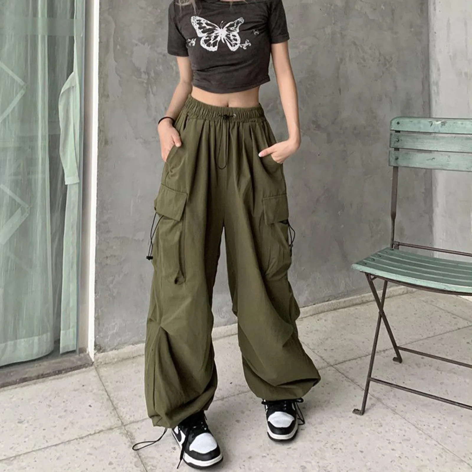 

Women Y2K Cargo Pants Casual Baggy Straight With Big Pockets Joggers Trousers Female Vintage Oversized Wide Leg Sweatpants