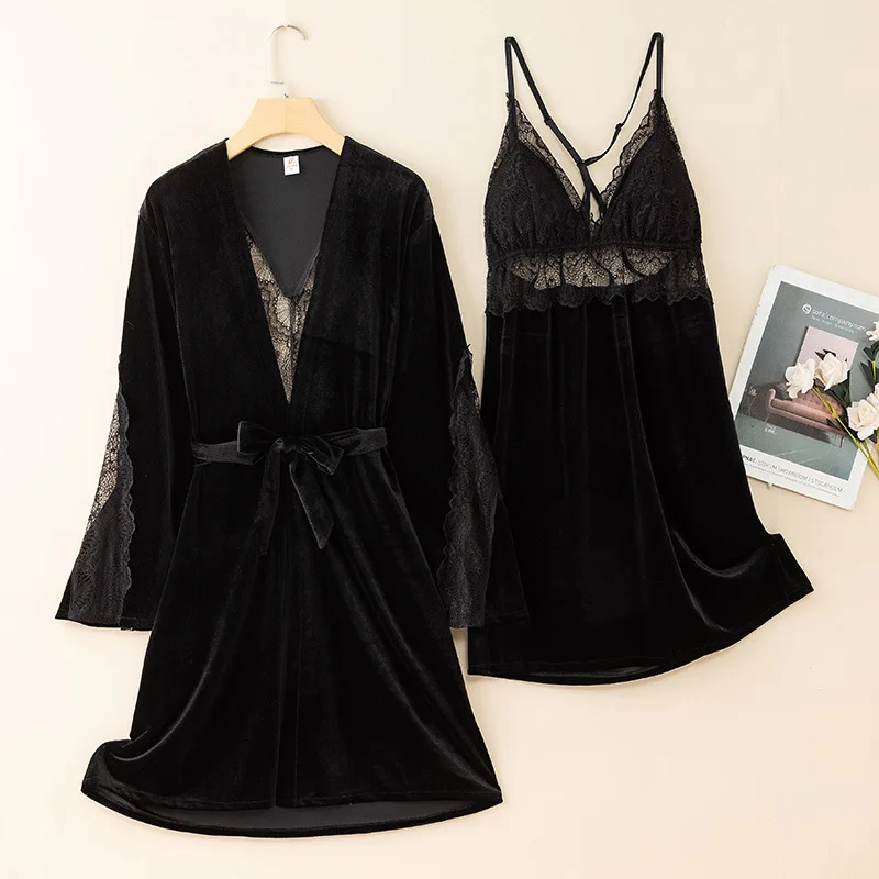 

Осенне-зимняя сексуальная велюровая женская ночная рубашка, бархатная кружевная ночная рубашка в стиле пэчворк, комплект из 2 предметов, халат-кимоно, халат, свободное домашнее платье