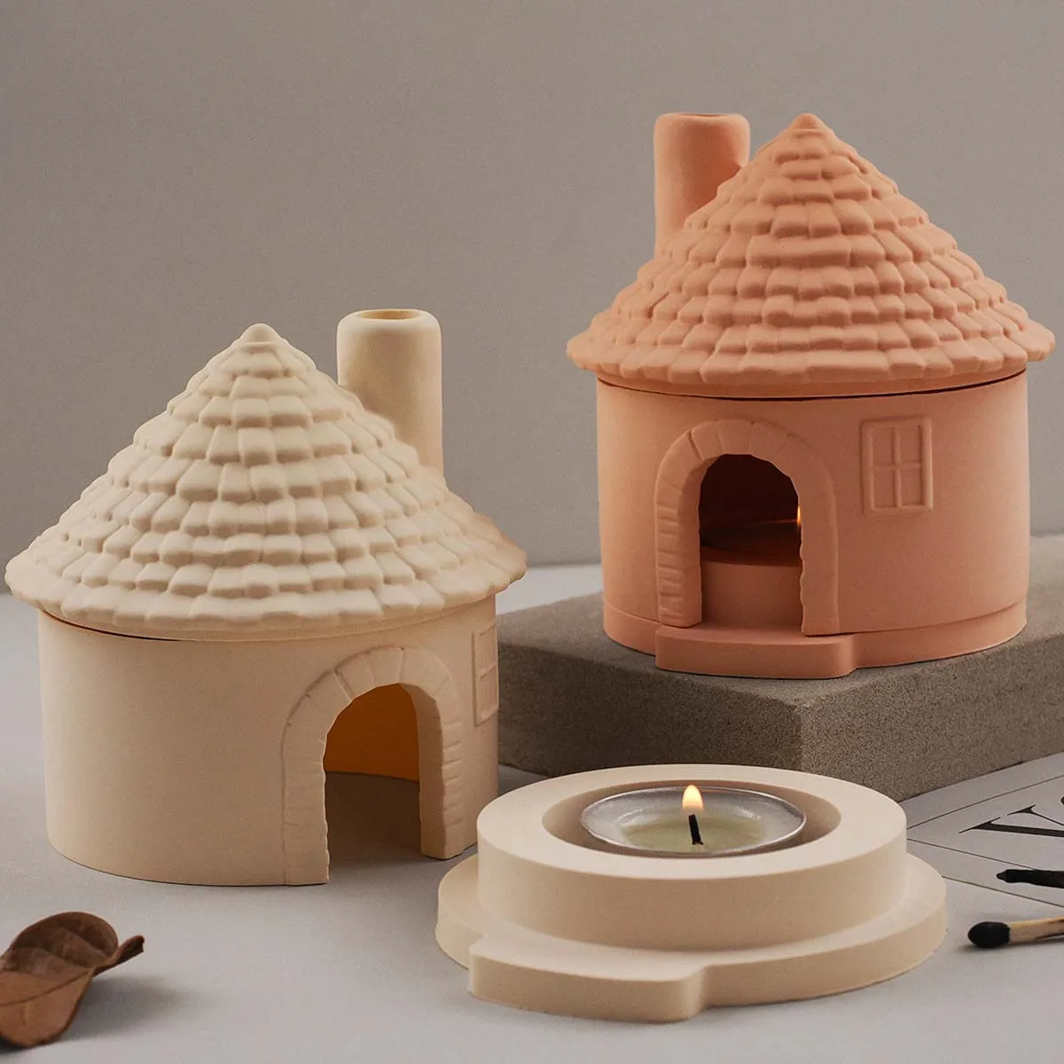 3D 하우스 아로마 스토브 몰드 DIY 굴뚝집 촛대 실리콘 몰드 석고 콘크리트 레진 향로 공예 제작 키트