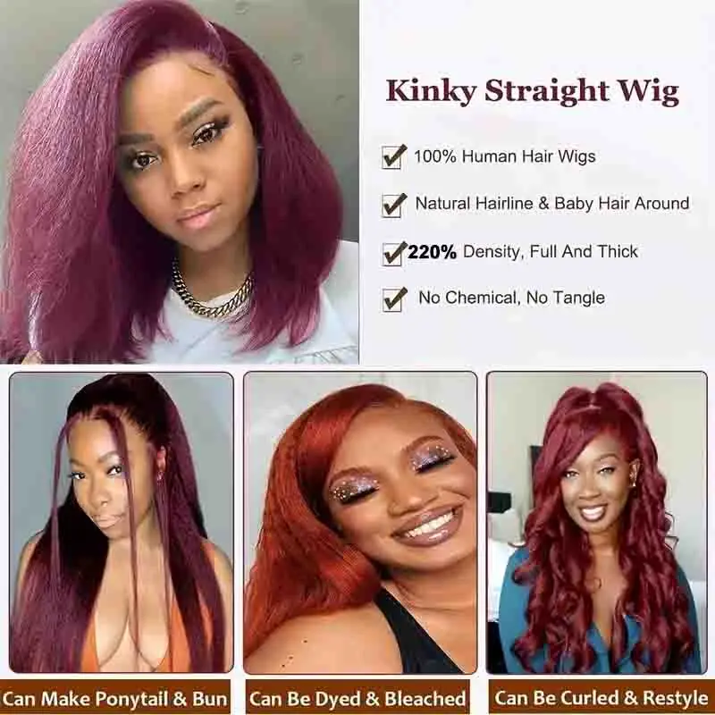 Burgundy Yaki Straight Wig Pre Plucked With Baby Hair 13x4 Lace Front Wigs Human Hair 99J Color Kinky Straight Human Wig