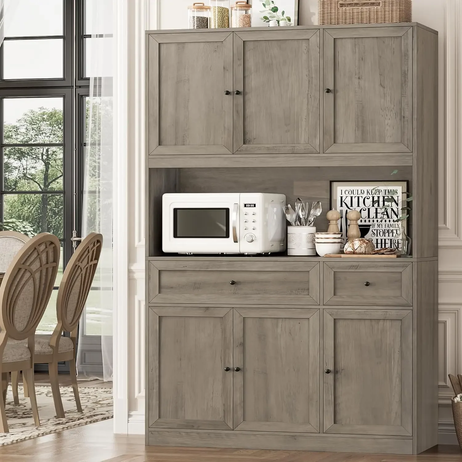 NEW-72" Kitchen Pantry Cabinet, Kitchen Hutch with Microwave Stand, Buffet Cabinet with Hutch for Dining Room, Ash Gray