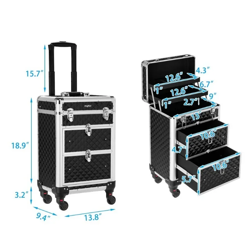 mefeir Aluminum Rolling Makeup Train Case Travel Beauty Luggage Trolley Lockable w/4 Removable Wheels & 2 Sliding Drawers 5