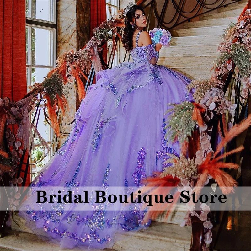 

Glitter Purple Lavender Princess Quinceanera Dresses Off Shoulder Sequins Appliques Sweet 15th Prom Party Luxury Vestidos